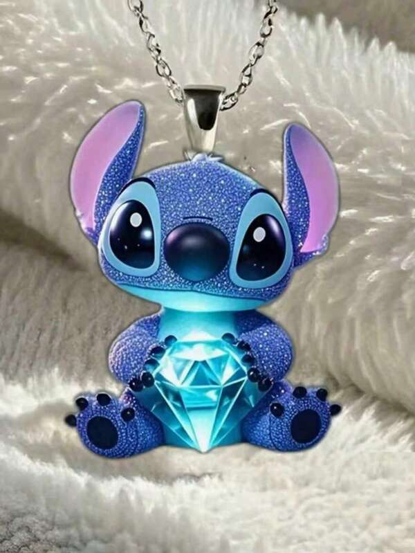 Disney 1pc Disney Necklace, 2D Acrylic Cute Stitch With Sparkling Stones, Keychain, Classic Gift For Birthday Parties, The Ideal Gift For Halloween And Christmas (Chain Color Randomly Assorted)