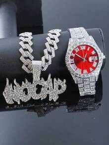 1 Set Alloy Full Diamond Letter "NOCAP" Pendant 15mm Rhombus Cuban Chain Necklace, Bracelet, Blue Watch, Personalized Men's Hip Hop Style Accessories - Red - View 14