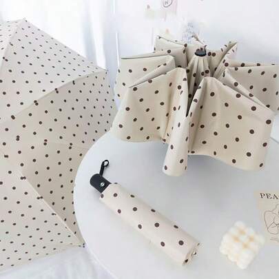 Automatic Fashionable Minimalist Polka Dot Pattern Black Coating UV Protection Outdoor Portable Folding Umbrella, Spring Summer Picks, Brides Maid Gifts, Room, Bedroom Decor, Bedroom Decor, Beach, Travel, For Men, For Women, Vacation