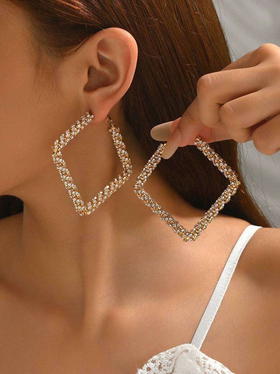 1 Pair Handmade Rhinestone Embellished Square Formal Party Earrings - Gold - View 1