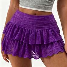 Women's Summer Lace Floral Skirt High Rise Tiered Ruffled Flowy Short Mini A Line Skirt Streetwear - 深紫色 - 查看 2