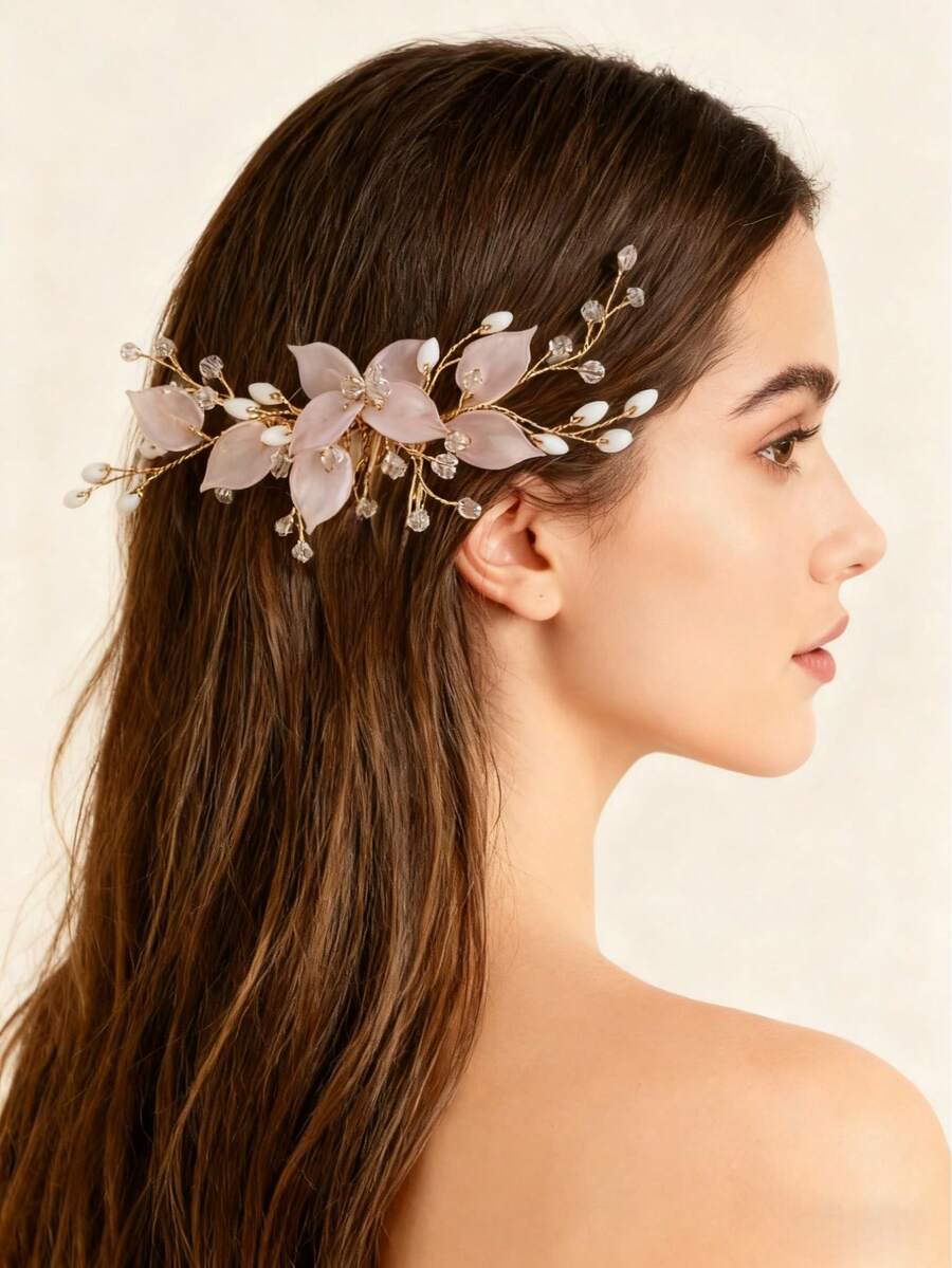 1pc Women's Resin Floral Crystal Decor Minimalist Bridal Hair Comb - Multicolor - View 1