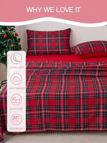 Juego de sábanas de 3/4 piezas con estampado de cuadros rojos navideños, con sensación suave como una nube, resistente a las arrugas y al encogimiento, que incluye 1 sábana plana + 1 sábana ajustable + 1/2 fundas de almohada, sábana de bolsillo profundo, para camas de todos los tamaños, certificado Oeko-Tex