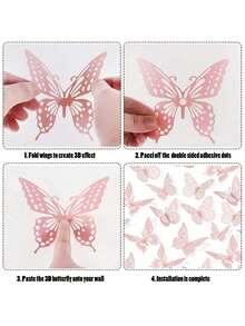 48片3D蝴蝶墙贴，4种款式，3种尺寸，蝴蝶生日装饰、蝴蝶派对装饰、蛋糕装饰、婴儿房装饰，可移除贴纸（粉色），圣诞节礼物、情人节礼物、餐桌摆饰、卧室墙面装饰 - 粉色 - 查看 6