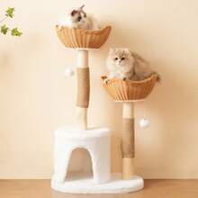 Solid Wood Cat Tree With Exercise Wheel, 4 Platforms, 2 Niches And Sisal Posts, Dimensions 80x40x152 Cm, Washable Scratching Mats, Activity Cat Tree - Natural+White + Wood - View 3