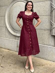 Women's Midi Dress, Casual, Elegant, Cotton, Daily - 酒紅色 - 查看 11