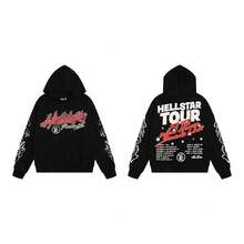 Hoodie, Retro Letter Print Hoodie, Men's Streetwear Long-Sleeve Hooded Sweatshirt, Couple Matching Outfit Sweatshirts - H527 Black - View 1