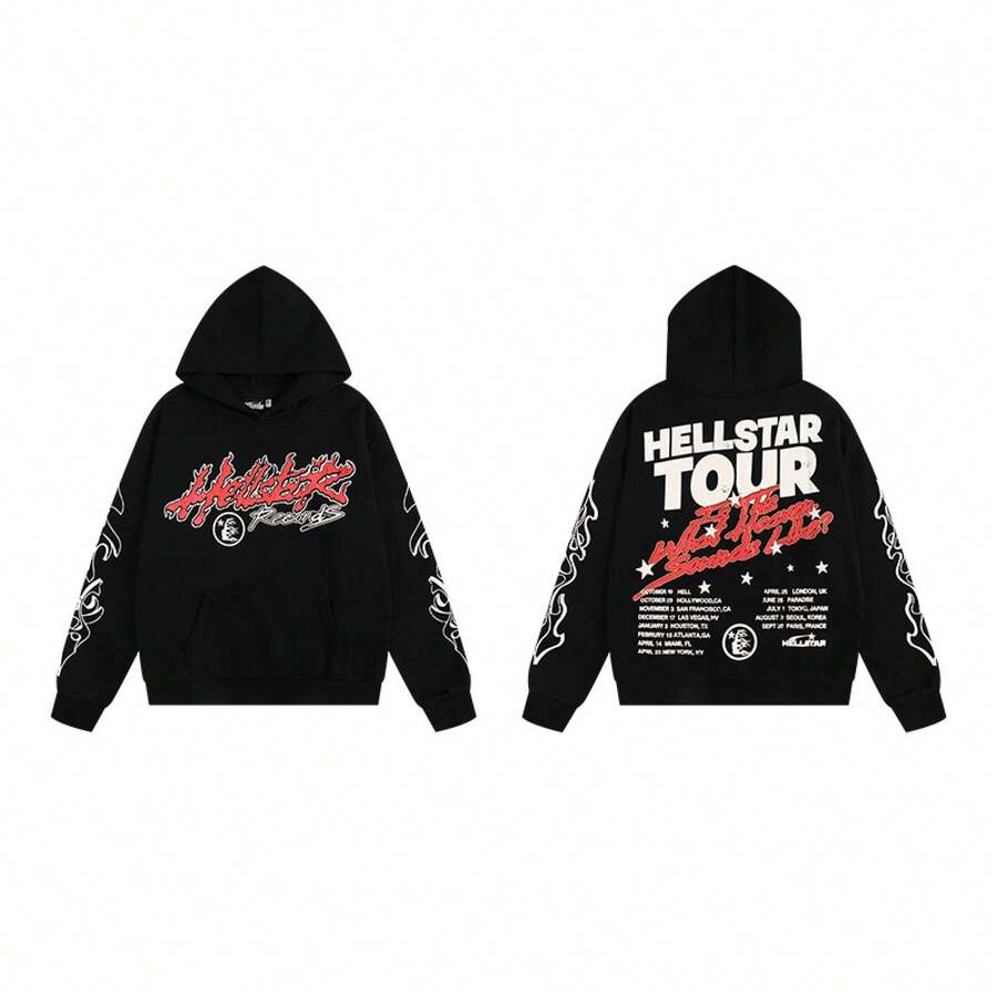 Hoodie, Retro Letter Print Hoodie, Men's Streetwear Long-Sleeve Hooded Sweatshirt, Couple Matching Outfit Sweatshirts - H527 Black - View 1