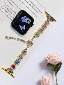 1 szt. Damski luksusowy, rozszerzalny złoty metalowy pasek łańcuszkowy, kompatybilny z zegarkiem , modny, kolorowy, kwadratowy, szklany pasek z diamentami, elastyczny, kompatybilny z zegarkiem 38/40/41/42/44/45/46/49 mm, kompatybilny z zegarkami Series Ultra/SE/10/9/8/7/6/5/4/3/2/1, opaska na nadgarstek, odpowiednia na co dzień, na letnią plażę - Złoto - Zobacz 11