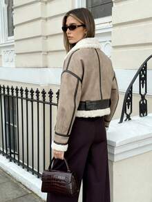 Khaki Suede & Shearling Paneled Moto Jacket, Daily Commute Fashion Warm Outerwear For Women - Khaki - View 2