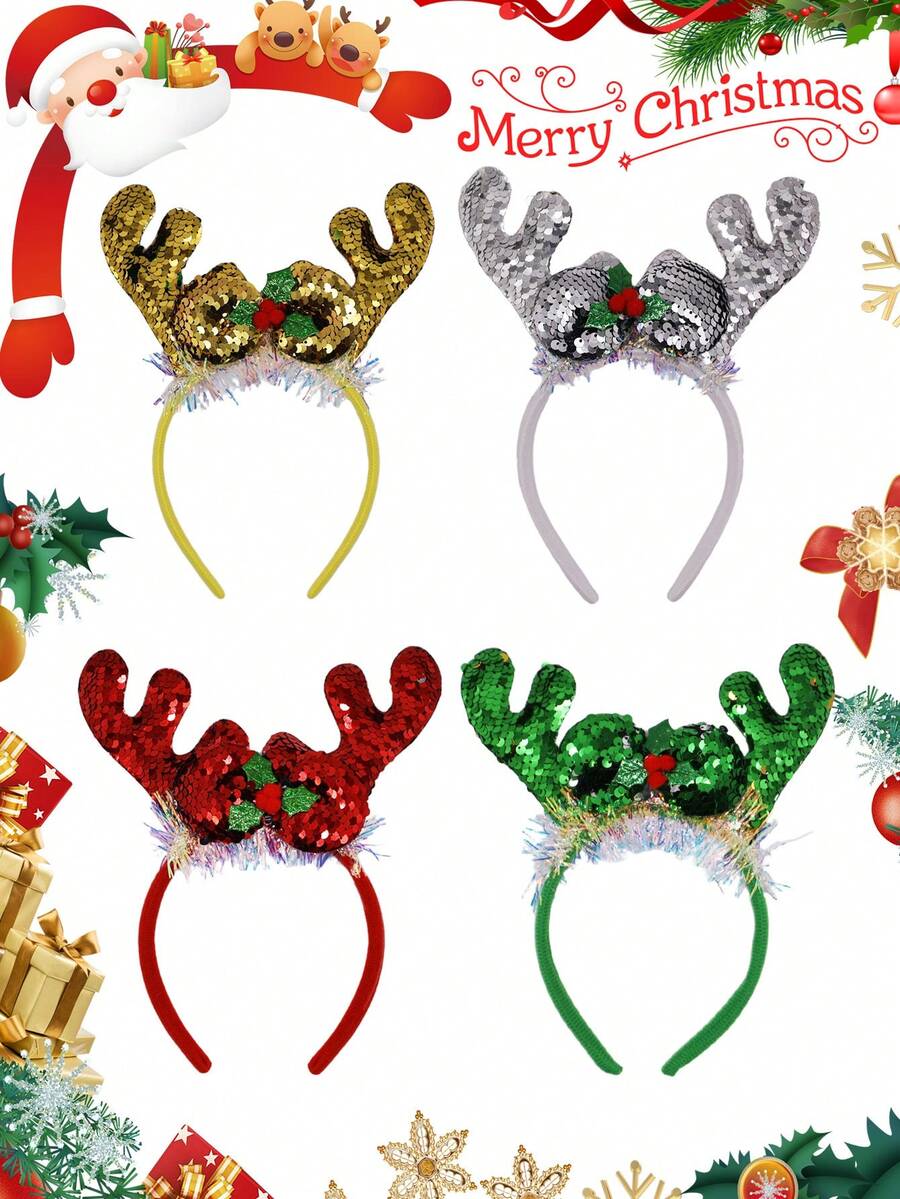 Christmas Reindeer Antler Sequin Headband, Gold, Silver, Red, Green, Colorful Glitter Reindeer Antler Headpiece, Holiday Party Performance Prop Hair Accessories, Christmas Kids Hair Accessories