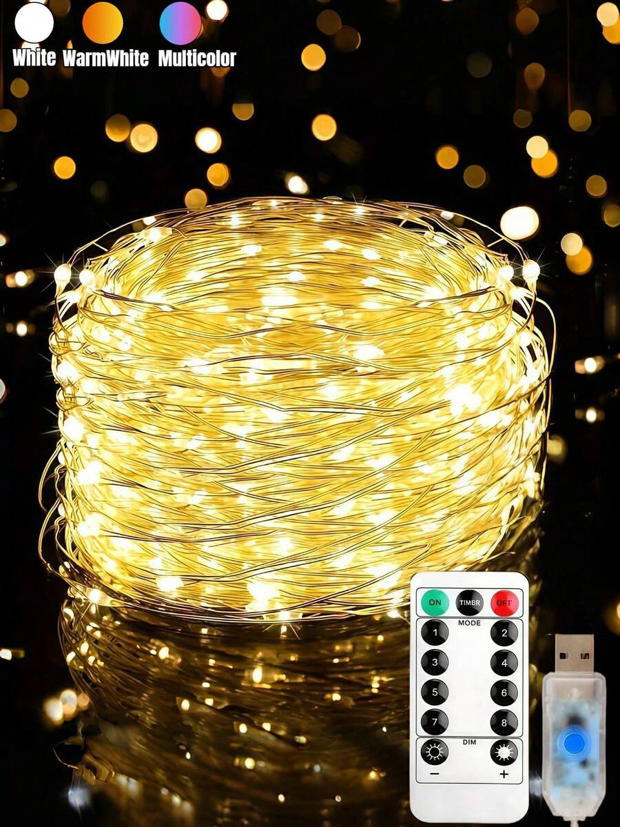 1串LED铜线灯串 - 50/100/200/300颗LED灯珠，USB供电，8种灯光模式，定时，可调光，7/12/22/32英尺，USB仙女灯，适用于卧室、节日、家居、生日、派对、婚礼、露营、花园、圣诞节、节日装饰，室内/室外，四季皆宜（暖白/白/彩色）