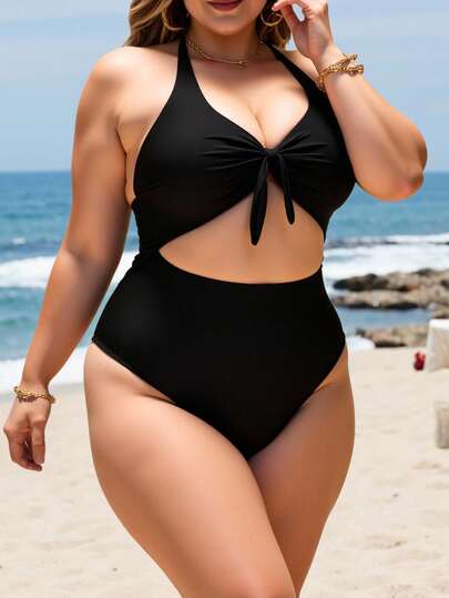 Swim Lushoire Plus Size Summer Beach Solid Color Bow Front Hollow Out One-Piece Swimsuit