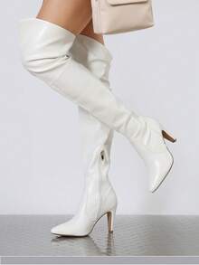 Women's Fashion Pointed Toe High Heel Over-The-Knee Boots, Slim High Heel Side Zipper Pleated Women Boots For Autumn Winter Party And Daily Wearing - 白色 - 查看 2