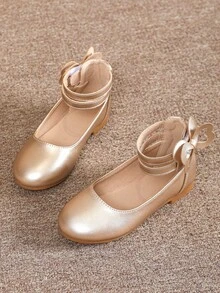 Children's Formal Gold Bow Tie Ankle Strap Mary Jane Shoes - Vàng - Xem 13