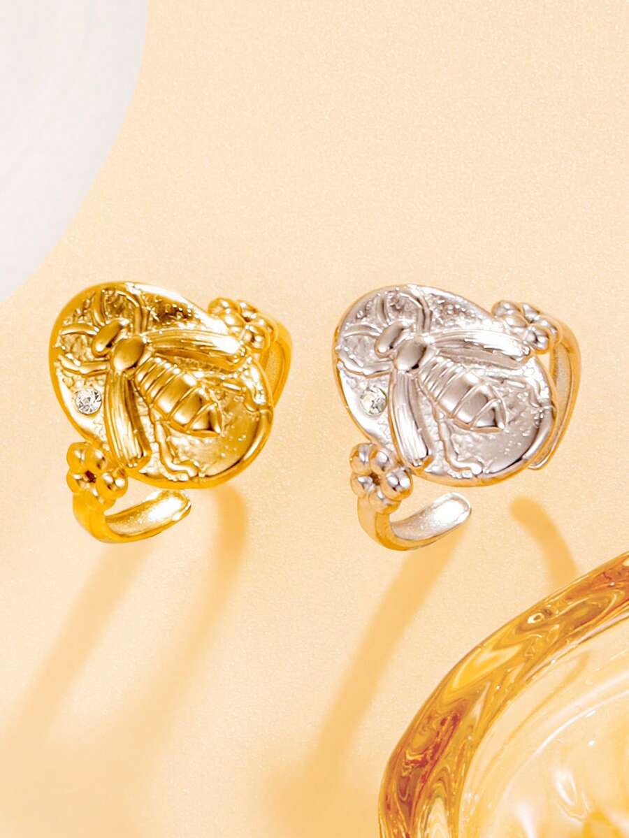 1 pièce Bague animale élégante d'abeille, bague ouverte vintage en acier inoxydable avec strass, bijou plaqué or 18 carats étanche, cadeau de fête pour femmes - abeille - Voir 1