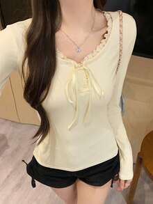 Women's Frill Trim Front Tie Long Sleeve Casual T-Shirt, Spring/Summer