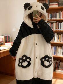 秋冬季毛绒熊猫睡衣 - 超可爱趣味熊猫睡衣：冬季加厚保暖内衬，可爱图案口袋睡衣，女士纽扣浴袍，送给亲朋好友的完美礼物，舒适休闲的居家服，适合派对穿着，男女情侣款，角色扮演睡衣派对 - 彩色 - 查看 9