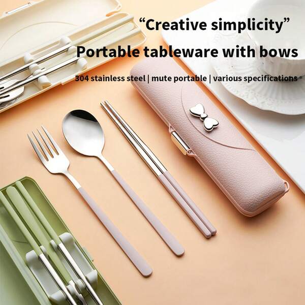 2-3 piezas Juego portátil de cubiertos de acero inoxidable, utensilios de viaje con tenedor, cuchara, palillos y caja de almacenamiento, vajilla reutilizable para el almuerzo, camping, fácil de limpiar, ligero