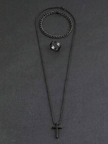 Stainless Steel Fashion Men's Jewelry Three Pieces Set, Cross Necklace, Bracelet, Cross Ring, Suitable For Daily Decoration