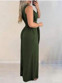 Palazzo Mono De Mujer Cómodo Y Sexy De Dama Estilo Elegante Casual Para Fiesta Graduación Evento Escote V Otoño Invierno Verano Primavera #SensaciónDeLujo #EstiloRomanticoDeSanValentín - Verde Militar - Ver 2