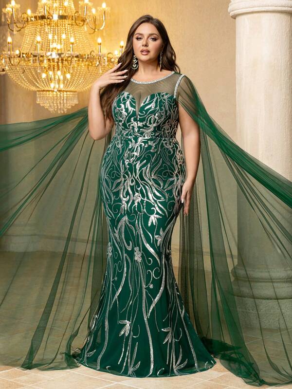 UNITHORSE Vestido maxi con cuello redondo, manga extra larga, lentejuelas, parches y tela de malla UNITHORSE Plus para mujeres, vestido de noche formal, vestido de novia