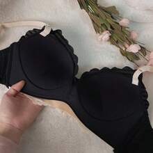 Wireless Bra And Panty Set, Perfect For Beautiful Breasts And Backs. Sexy French Underwear With Firm Support, Cleavage Enhancement, And Soft, Beautiful Undergarments. Perfect For Day And Night. Cute Bra And Panty Set With Butterfly And Non-Woven Fabric Embroidery, Ribbon, And Eyelet Embroidery. No Cup Details. Cute, Plain, And Breathable. Perfect For Spring, Summer, Fall, And Winter. - 黑色的 - 查看 7