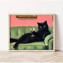1pc Vintage-Style Black Cat On Sofa Wall Art, Frameless Canvas Print With Green & Pink Cocktail Design, Modern Aesthetic For Living Room Or Bedroom Decor, Indoor Wall Art | Playful Design | Frameless Art, Cat Decor - Multicolor - View 7
