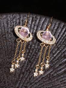 2 piezas Pendientes de lujo con diseño de estrella de nicho para mujeres, pendientes colgantes de aleación con strass y cristal rosa en forma de estrella, pendientes largos elegantes