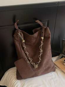 New Solid Color PU Large Capacity Special Metal Chain Hanging Pouch, Soft Fabric, Foldable, Handbag Tote Bag Suitable For Travel, Shopping, Dating, Women's Gift, Suitable For Teenage Girls, College Students, Beginners And White-Collar Workers, Ideal For Office, School, Work, Business, Commuting, Outdoor, Travel, Picnic