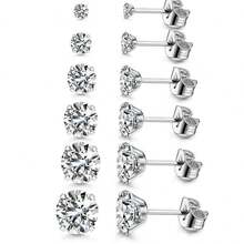6 Pairs Stainless Steel Cubic Zirconia Stud Earrings, Minimalist & Fashionable Design, Suitable For Women, Ear Piercing Jewelry Gift - Silver - View 7
