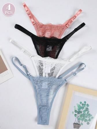 4Pcs Women's Sexy Lace Thong Low-Waisted Comfortable Women's Lingerie & Underwear Breathable Seamless Triangle Minimalist Having Love Briefs