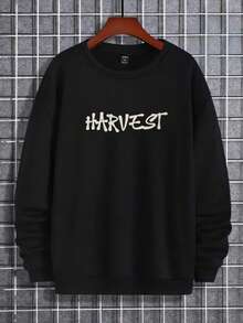 Mujer004 Sudadera de cuello redondo para mujer invierno sudadera de manga larga cómoda suave Camiseta de cuello redondo negra con el estampado "HARVEST" que destaca por su diseño simple y atractivo - Negro - Ver 1