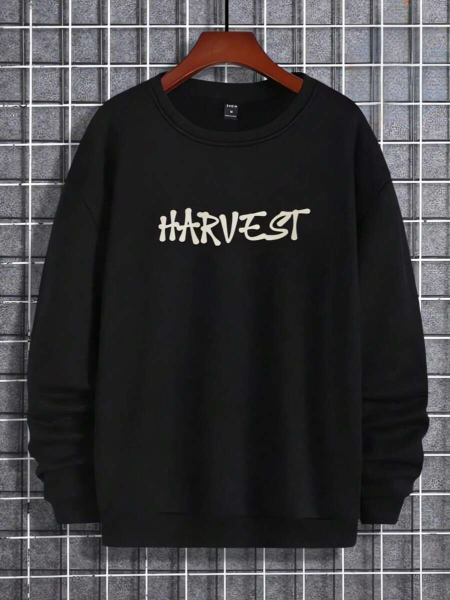 Mujer004 Sudadera de cuello redondo para mujer invierno sudadera de manga larga cómoda suave Camiseta de cuello redondo negra con el estampado "HARVEST" que destaca por su diseño simple y atractivo - Negro - Ver 1