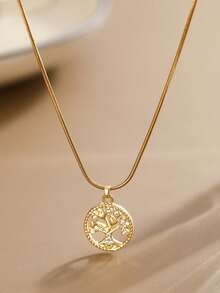 Nooxian 1 buah Kalung Stainless Steel dengan Liontin Pohon Kehidupan Bertatahkan Zirkonia, Gaya Berlapis Minimalis, Serbaguna untuk Pemakaian Sehari-hari & Hadiah, Perhiasan Emas - Yellow Gold - View 2