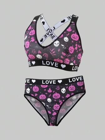 1 Set Wireless Lift & Support Bra With Letter Waistband And Panty, Sexy & Comfortable For Daily Wear