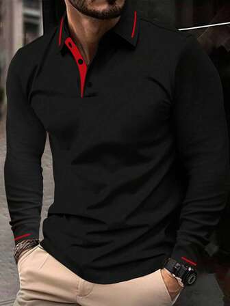 1 pieza Camisa polo de manga larga con cuello de botón de unicolor casual para hombre de talla grande, adecuada para primavera y otoño