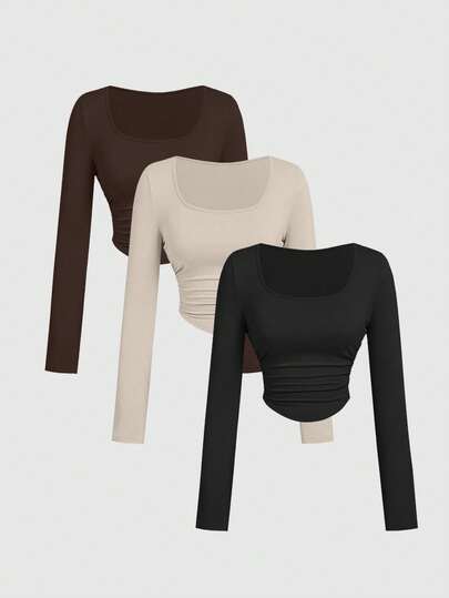 3 pièces Ensemble de débardeurs ajustés à encolure en U avec ourlet asymétrique pour femmes, Noir, Kaki, Marron foncé pour l'automne/l'hiver. Basique assorti, convient pour le yoga, l'entraînement, l'extérieur, le quotidien, le bureau