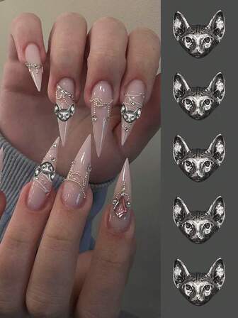 10 件朋克猫头指甲饰物，仿古银动物指甲饰品，适用于艺术设计，打造独特的美甲产品，DIY 美甲用品和美甲配件