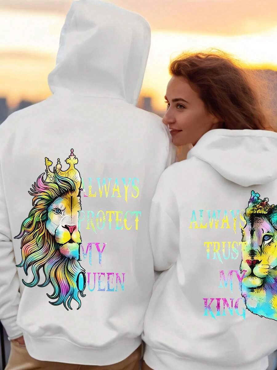 1PC Men's & Women's Matching Couple's Hooded Sweater  - ALWAYS PROTECT MY QUEEN / ALWAYS TRUST MY KING Loose Fit Long Sleeve Pullover With Pockets, Cozy Casual Winter Sweater For Couples, Machine Washable Matching Outfits For Valentine's Day Gifts - 男款白色 - 查看 1