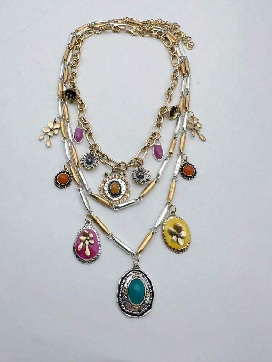 1 Set Fashionable Multi-Layer Vintage Flower Dopamine Color Necklace - 多色的 - 查看 1