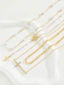 4 قطع طقم قلادة على شكل حرف Y، تصميم أنيق وعصري بطراز عتيق مزين بخرز مصطنع، صليب، نقش بارز، ومرصع بالراين ستون، سلاسل متنوعة الأنماط مناسبة للمناسبات والحفلات والهدايا والاستخدام اليومي