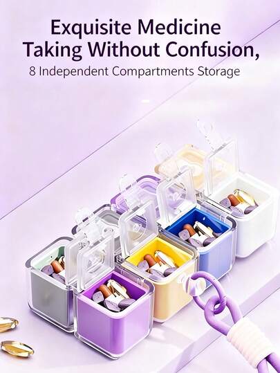 1 pieza Caja de pastillas plegable portátil con 8 compartimentos, diseño interesante, fácil de transportar, puede almacenar vitaminas, aceite de pescado, suplementos y medicamentos.