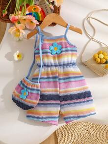 Baby Girls' Casual Vacation Style, Fashionable Sweet Cute, Floral Striped Strap Romper With Bag