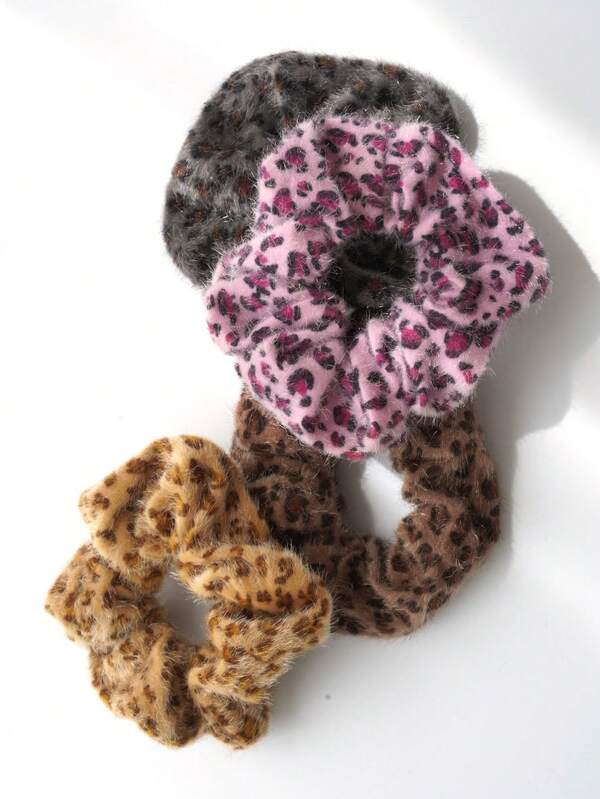 1 pieza/2 piezas Coletero de peluche con estampado de leopardo de 12 cm, accesorios para el cabello de peluche esponjoso de otoño/invierno, coleteros para mujeres, estilo francés retro