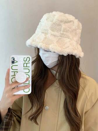 1 件毛绒可爱休闲秋冬格子渔夫帽女士，加厚保暖防风字母渔夫帽，头围小