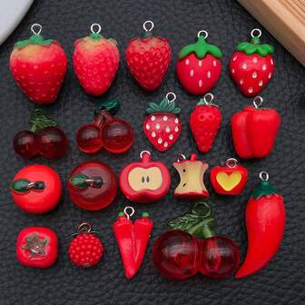 5/10/20件树脂红色水果苹果草莓樱桃辣椒蔬菜饰品仿真食物3D吊坠适用于DIY手链项链耳环首饰制作工艺配件