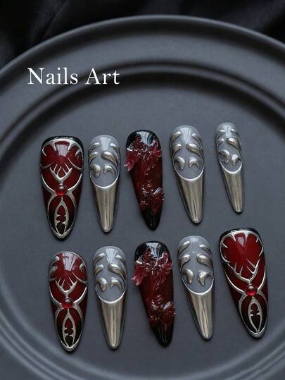 Goth Press On Nails Almond Long 10Pcs - Red Grey French Tip 3D Lycoris Radiata Floral With Red Gem Gilded Silver - Gothic Halloween Nail Art Kit Reusable With Nail Glue & File - Vampire Princess Nail Supplies