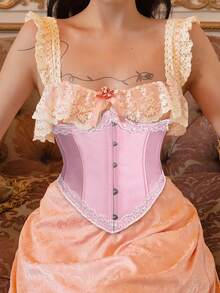 Apperloth A Y2K Corset Tops Hook Front Lace Trim Sweetness Cute Underbust Shapewear Tie Back Backless Boned Waist Trainer Tummy Control Belt Crop Tube Top Sweet Date Partywear Christmas Halloween Costumes For Women