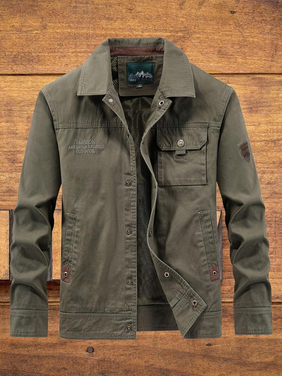Men's Retro Lapel Cargo Jacket For Spring And Autumn - Outdoor Casual, Versatile Outerwear - 軍綠色 - 查看 1